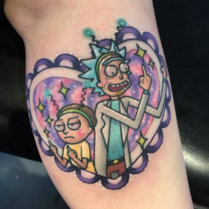 Tattoo Rick and Morty. Black and white on arm, leg, hand, ribs, photo