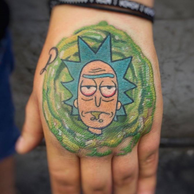 Tattoo of Rick and Morty. Black and white tattoos on arm, leg, hand, ribs, photo