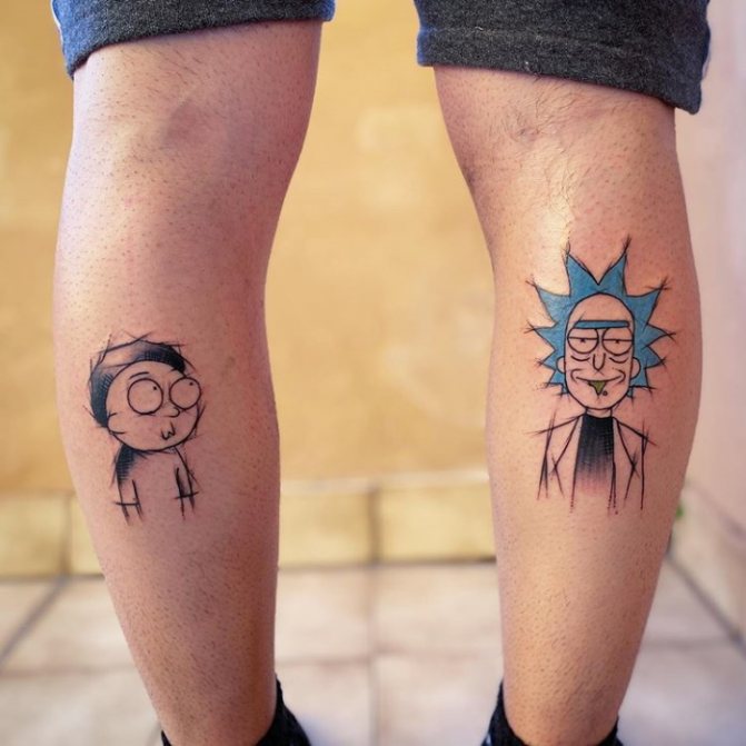 Tattoo of Rick and Morty. Black and white on arm, leg, hand, ribs, photo