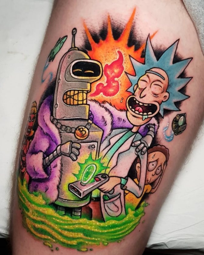 Tattoo of Rick and Morty. Black and white tattoos on arm, leg, hand, ribs, photo