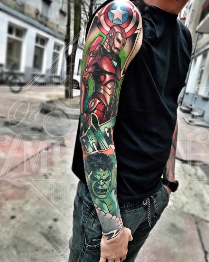 Tattoo of Hulk Arm and Iron Man
