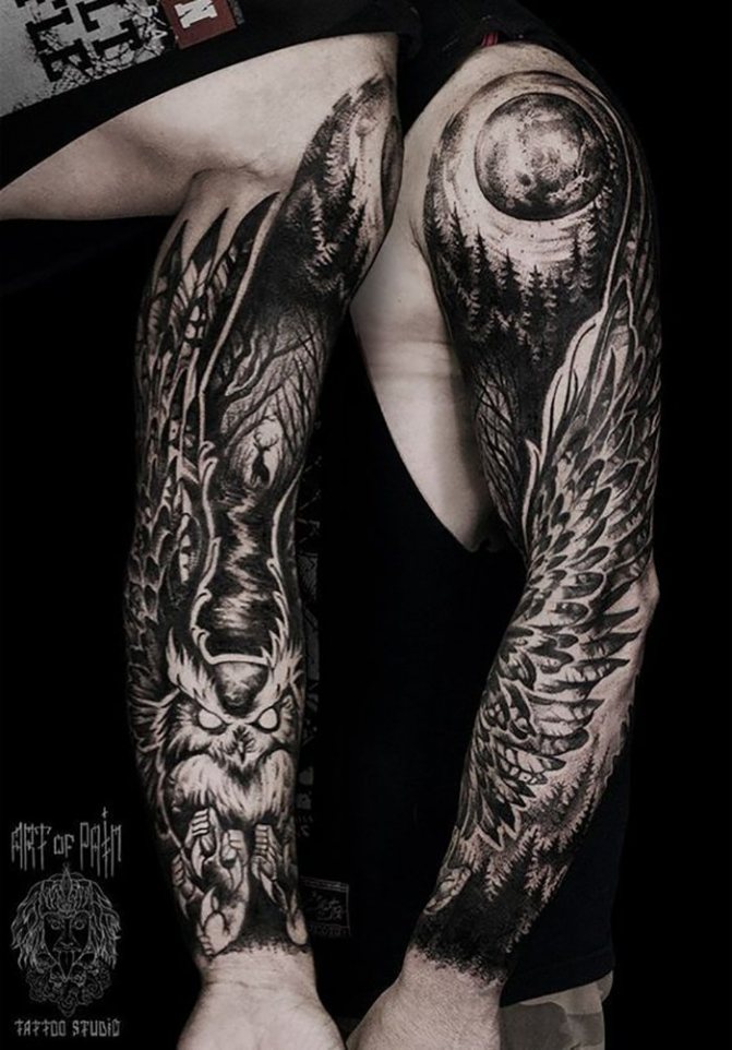 Tattoo sleeve owl with blackwork wings