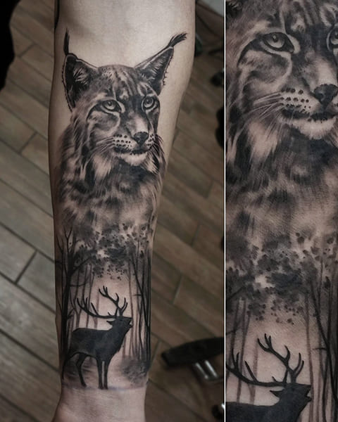Tattooed lynx on hand