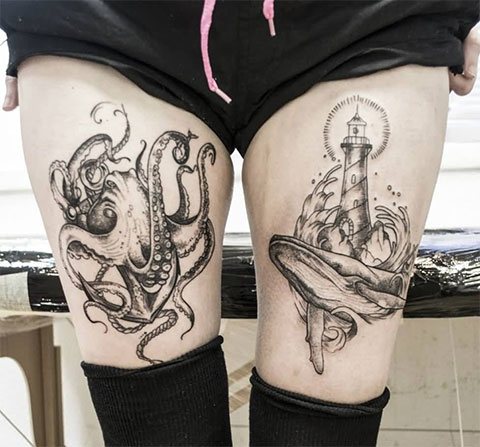 Tattoo of a Octopus on her leg - female tattoo