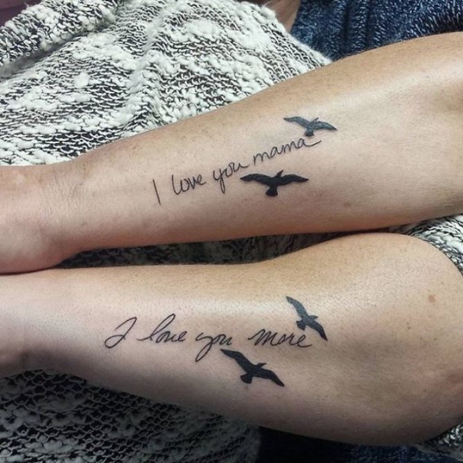 Tattoo with Birds and Symbolic Inscriptions for Mother and Daughter
