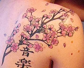 Tattoo sakura and hieroglyphs