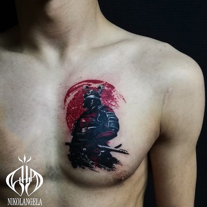 tattoo of the samurai on his chest