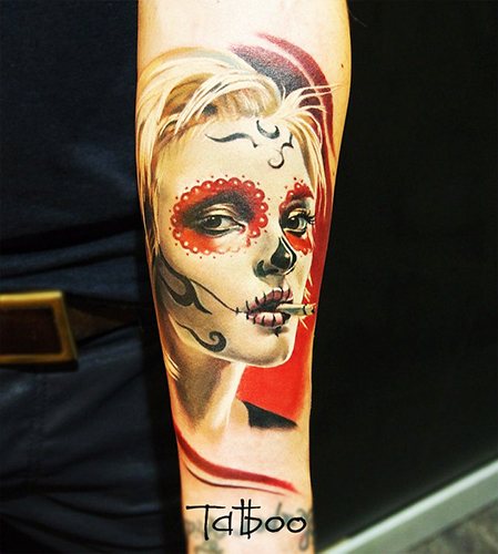 Tattoo of Santa Muerte in women, men. Meaning, sketches, photos