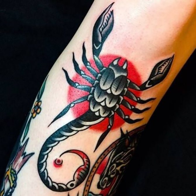 Tattoo scorpion on forearm with red circle