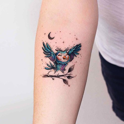 Tattoo of an owl on the arm for girls. Photos, meaning, thumbnails