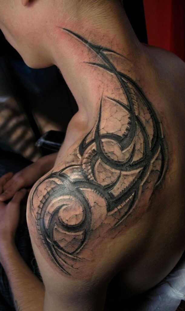 Tattoo in the style of trayblee on the shoulder, back and neck of men