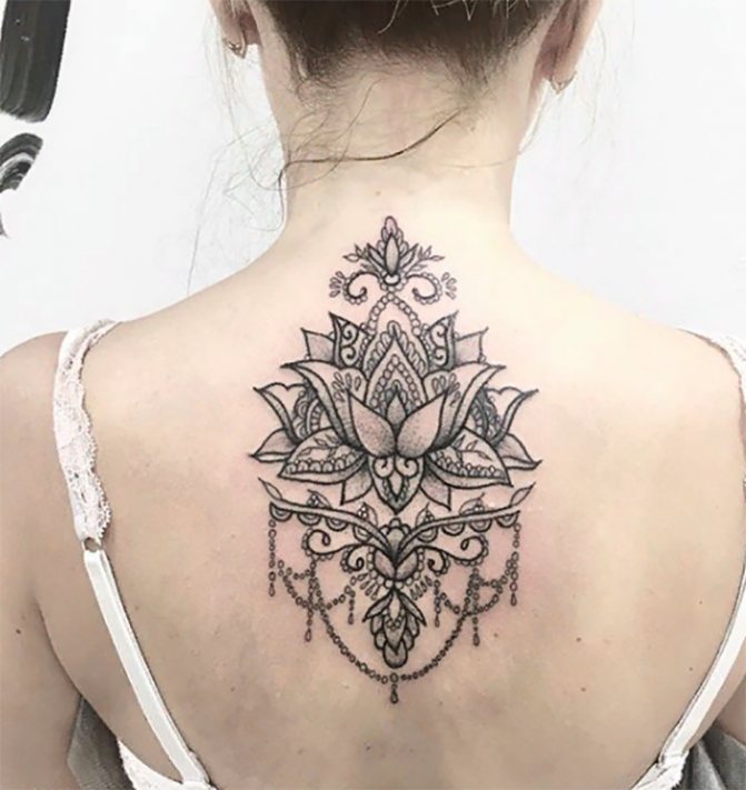 The subtle lotus tattoo can be sketched like this