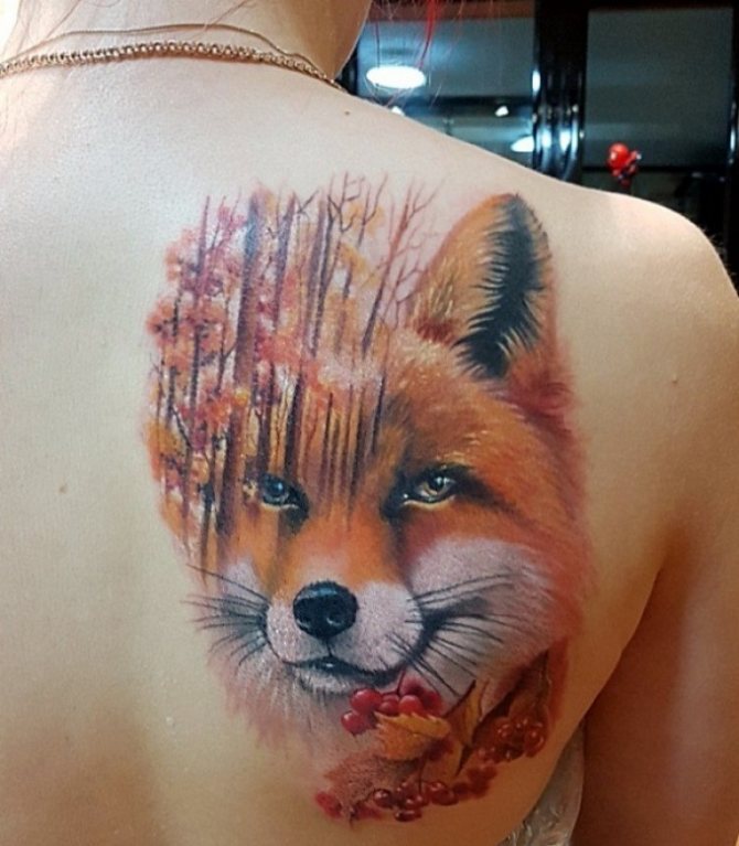 Fox tattoo can be diversified with autumn colors and elements