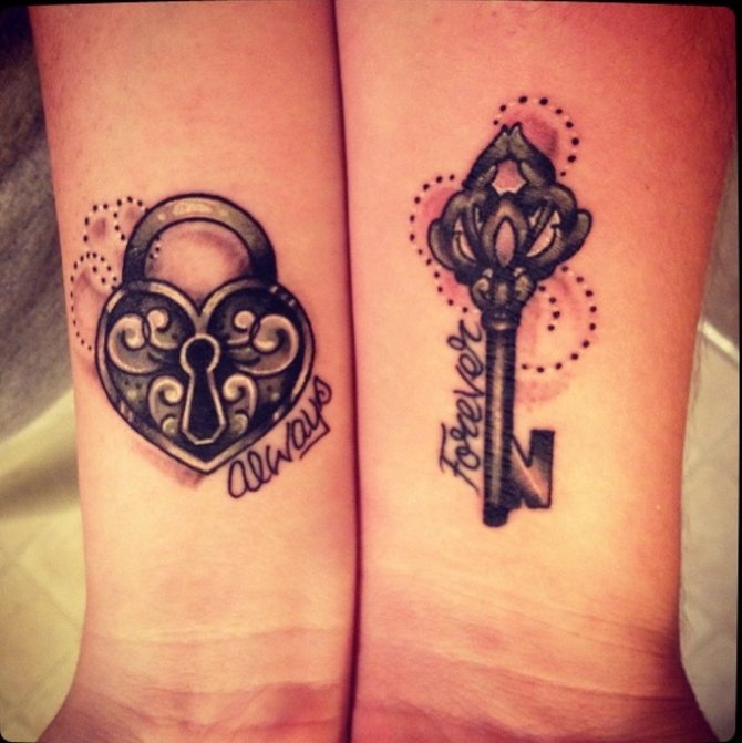 Tattoo in the form of the lock and key, made in one style