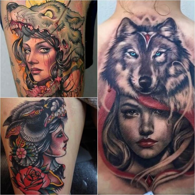 Tatuaggio lupo - Sottigliezza del tatuaggio del lupo - Tatuaggio ragazza con lupo sulla testa - Tatuaggio pelle di lupo