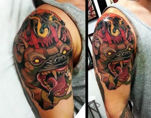 Asian Style Wolf Tattoo on Shoulder