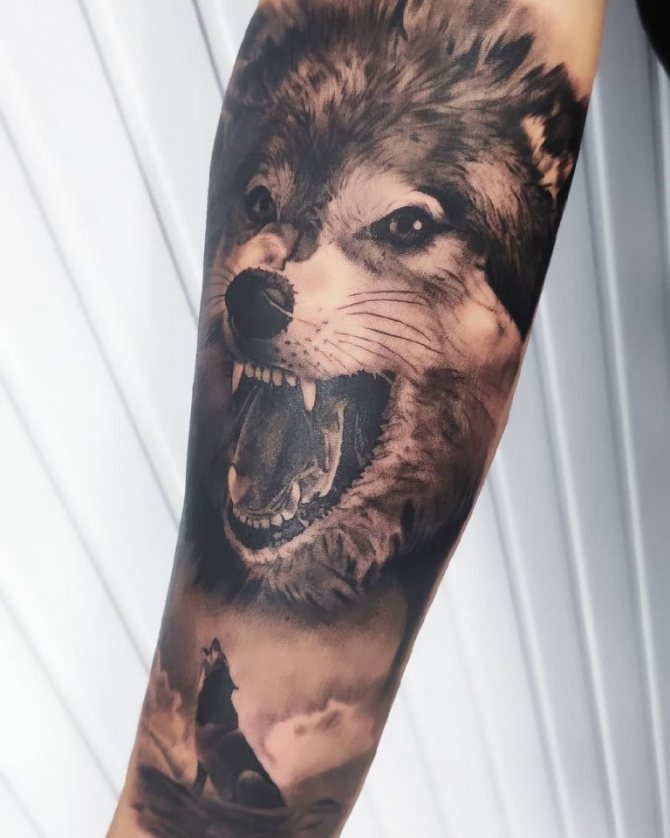 wolf tattoo with a grin