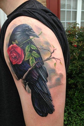 Tattoo of a raven on the shoulder, arm, chest, neck. Meaning for men, girls