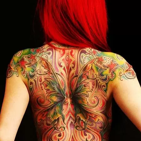 Women color watercolor tattoo on back