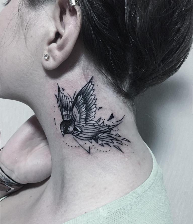 Tattoo female bird on neck