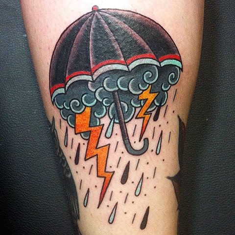 Tattoo of an umbrella, rain and lightning