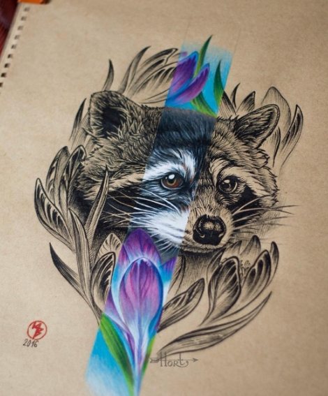 Tattoo of a raccoon on paper - sketch