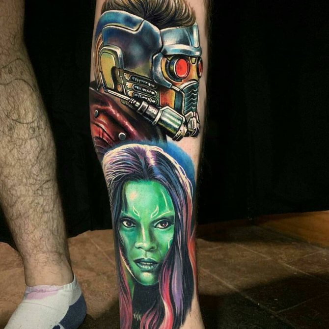 Tattoo of Gamora and Starlord on the Leg