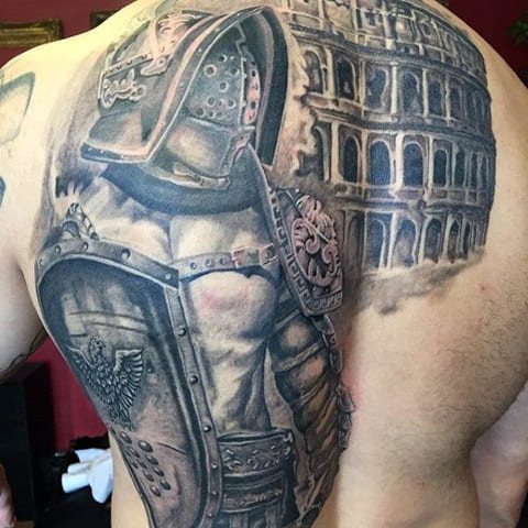 Tattoo of a gladiator on his back