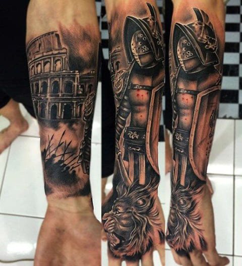 Tattoo of a gladiator on his arm