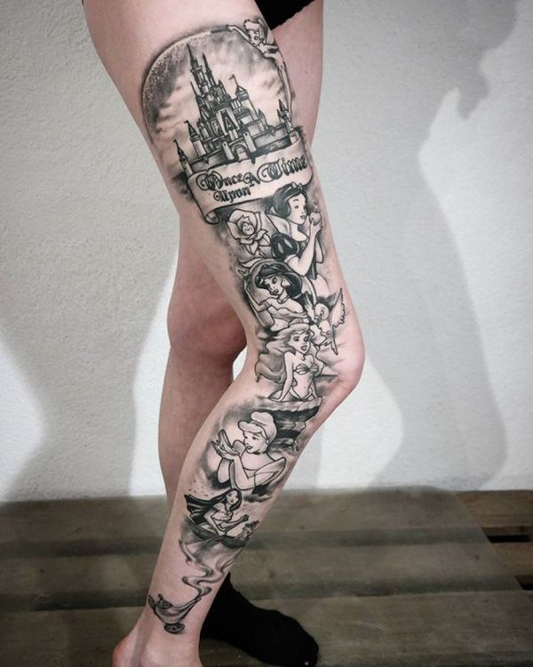 Tattoo of a painting of a city and girls