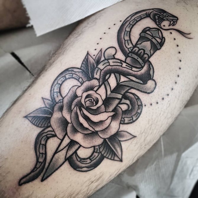 Dagger Rose and Snake on His Leg Tattoo