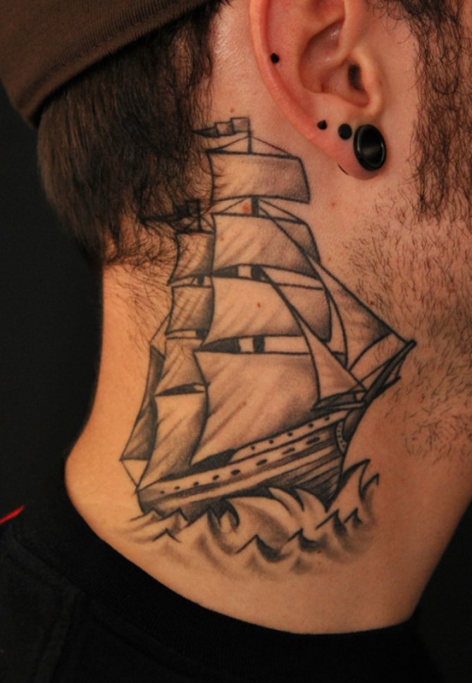 Tattoo of a ship on a man's neck