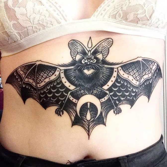 Blackwork Bat Tattoo on Abdomen