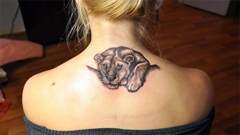 Tatuaż z lwem na plecach dziewczyny