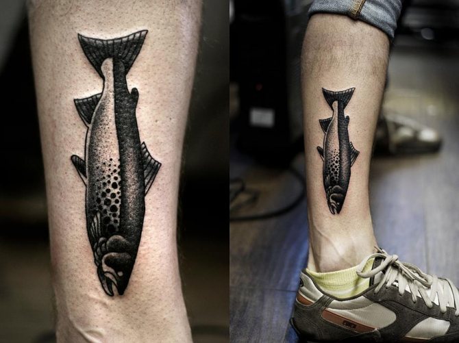 Shin tattoo in the form of a trout