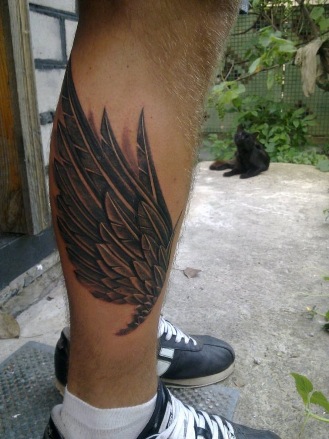 Tattoo on the shin in the form of wings