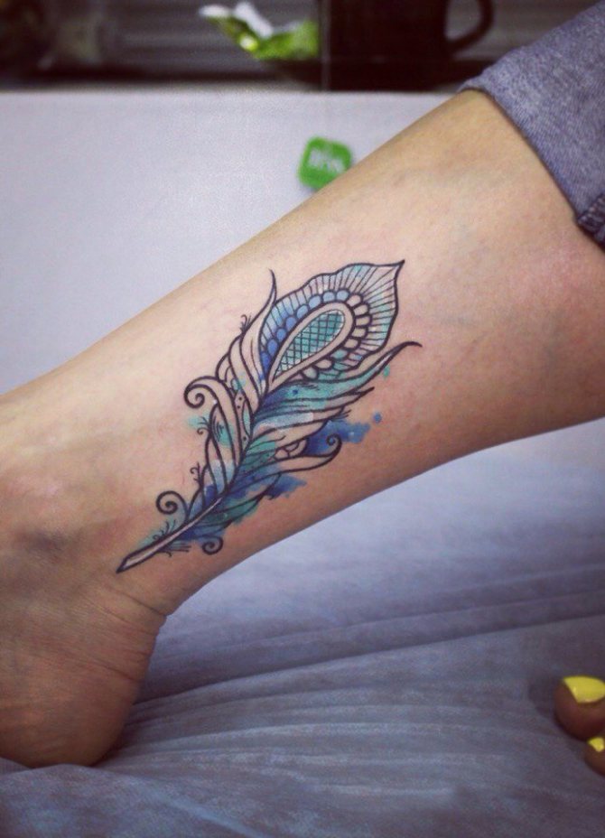 Tattoo of a peacock feather on ankle