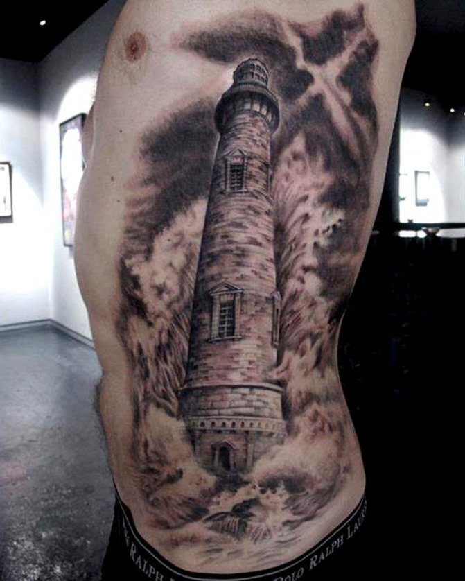 Tattoo on the side of a man in the form of a lighthouse