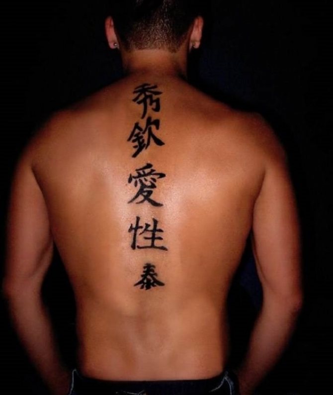 Tattoo on male spine in the form of hieroglyphs