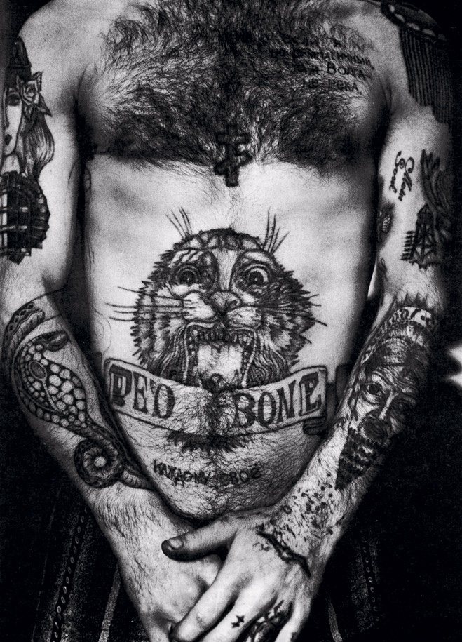 Tattoo as a tiger on the male stomach