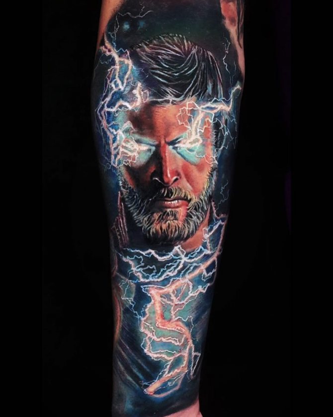 Tattoo of Thor and Lightning on the Arm