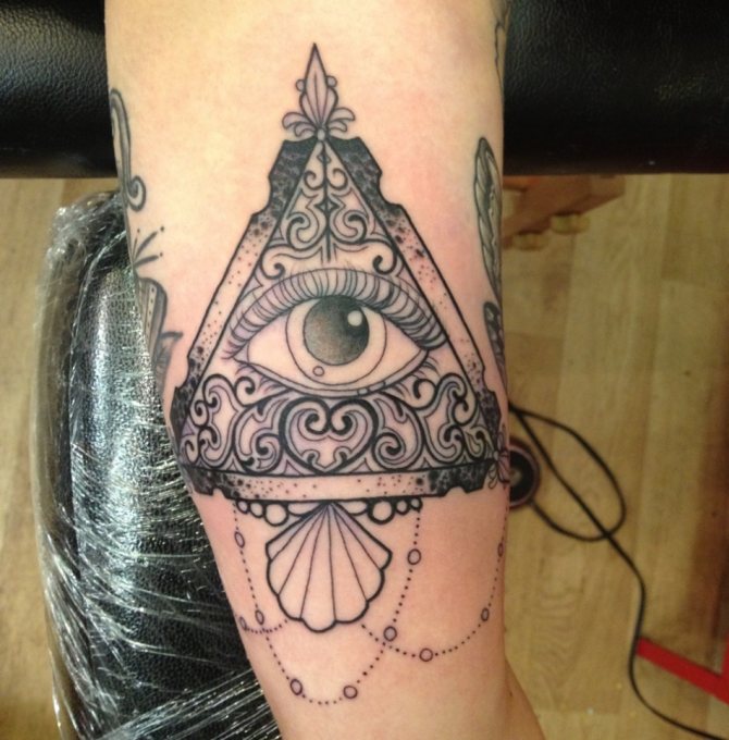 Tattoo of the evil eye in a pyramid