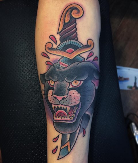 Tattoo of a panther in the Old School style
