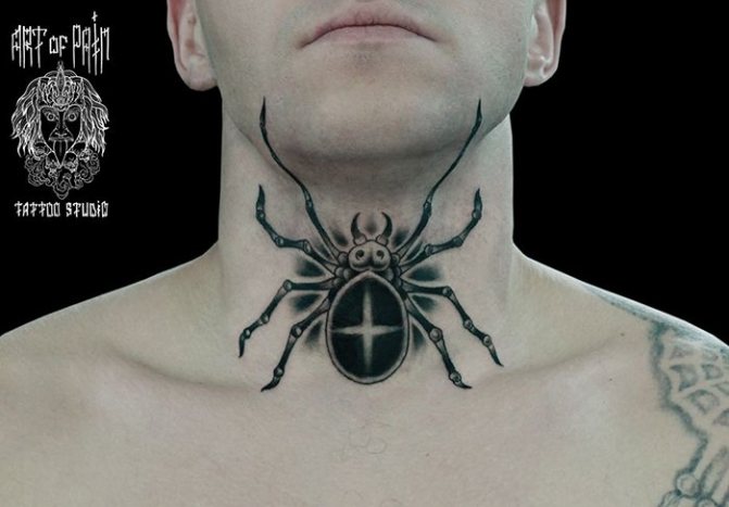 Blackwork neck spider tattoo