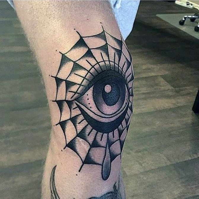 Tattoo of a spider web with blackwork eye on a leg