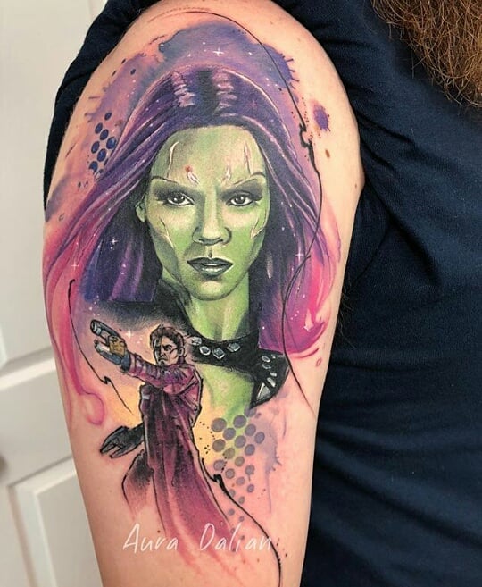Tattoo of Peter Quill and Gomorrah on the Shoulder