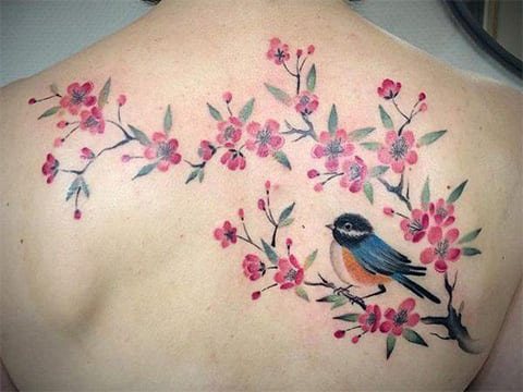 Tattoo with Cherry Tree and Bird