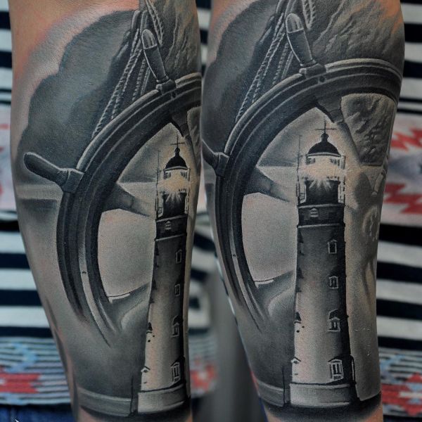 Steering wheel tattoo with a lighthouse in b&w
