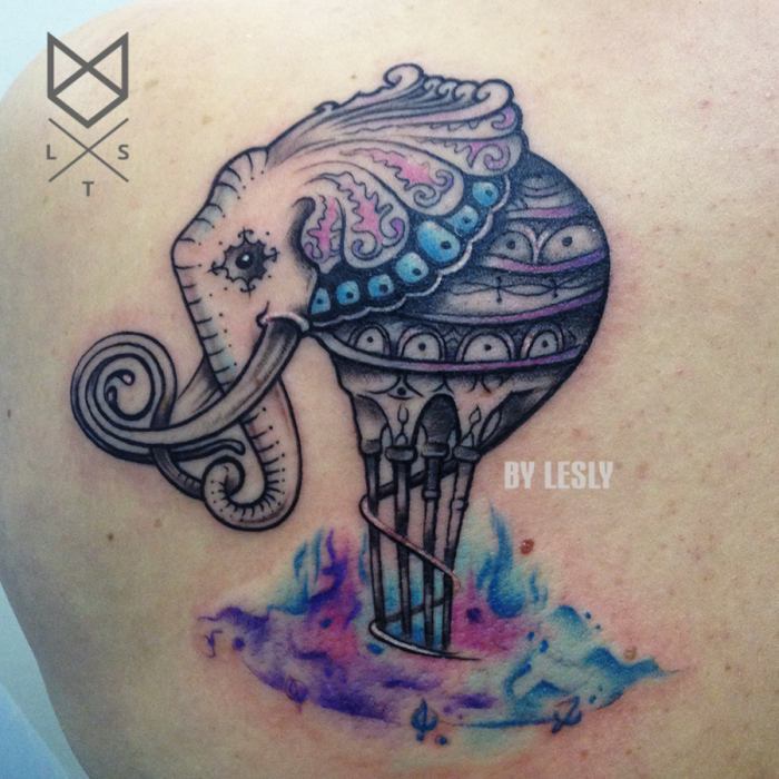 elephant watercolor tattoo on back