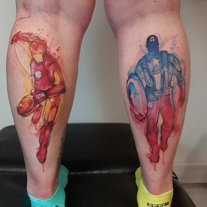 Tattoo of Avengers Movie Superheroes on Leg